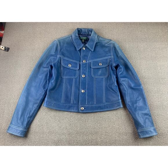 Y2K Lauren Ralph Lauren Women's Medium Petite Blue 100% Leather Trucker Jacket - Picture 1 of 10